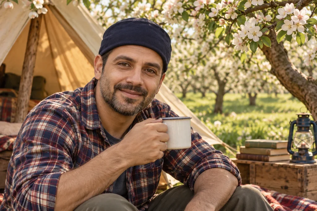 Maksym Nyzhnyk возле палатки в цветущем яблоневом саду — AI-иллюстрация к художественной истории
